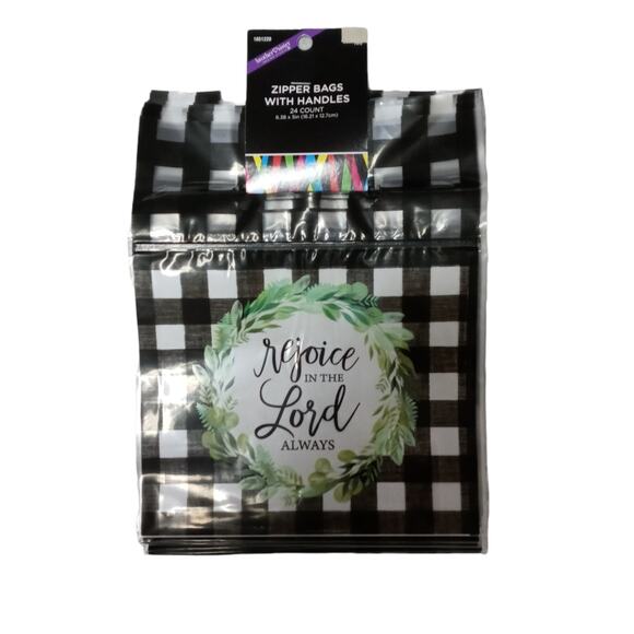 Inspirational Christmas Gift Bags Rejoice in the Lord Black White Check Set 24 - Picture 7 of 9